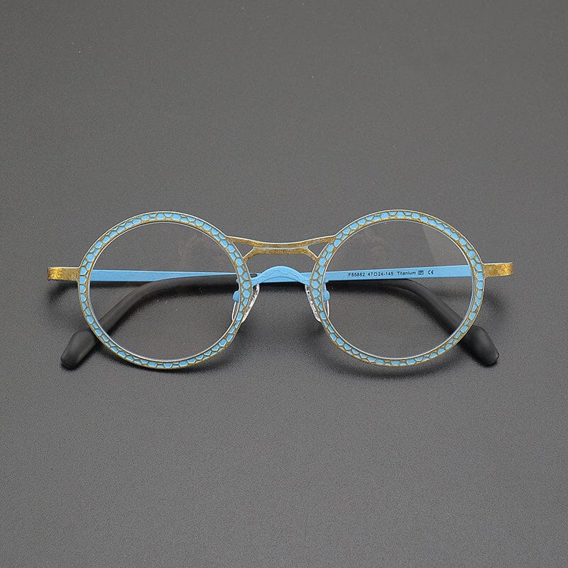 Faizah Niche Designer Titanium Glasses Frame Round Frames Southood Matte Blue Gold 